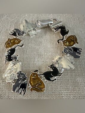 Silver Cat Link Bracelet with Black and Gold Enamel Cats